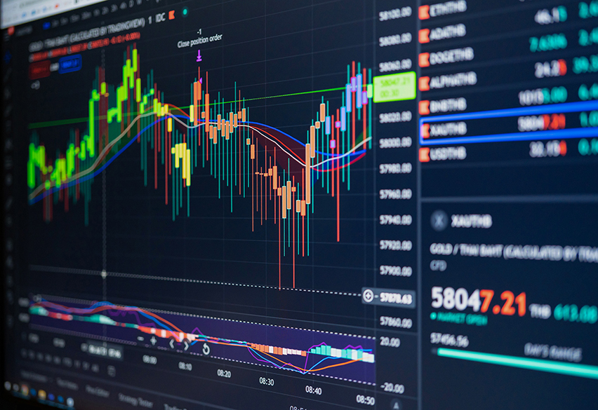 Digital graph chart diagrams data of cryptocurrency, stock market or forex exchange price on computer display screen. Global business economy and financial rate on technology monitor. Money investment