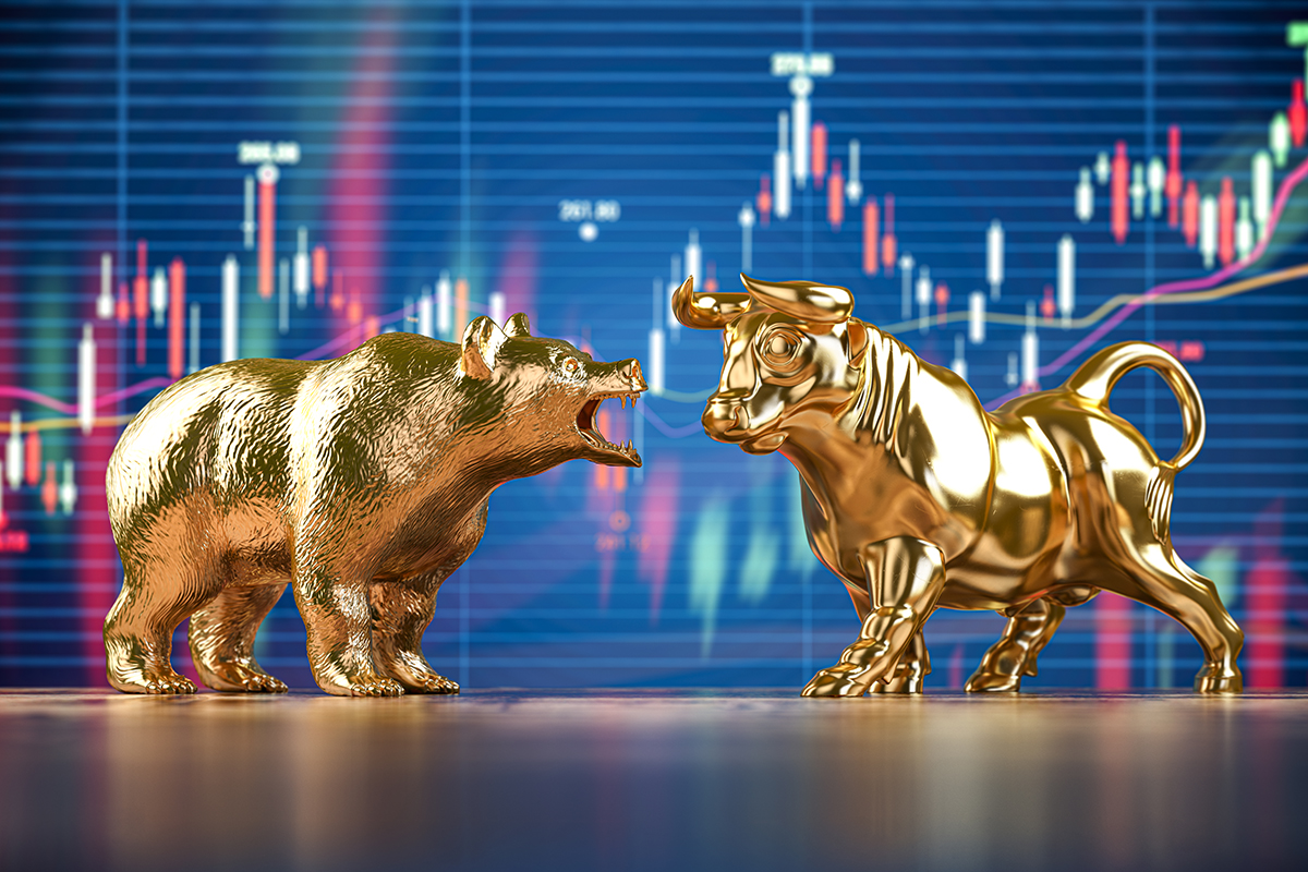 Golden bull and bear on stock data chart background. Investing,